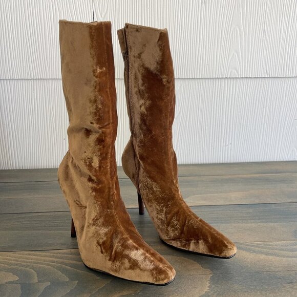 Vintage Colin Stuart Gold Crushed Velvet Women’s Boots Stiletto Heels Sz 8 (ST) - Picture 1 of 7